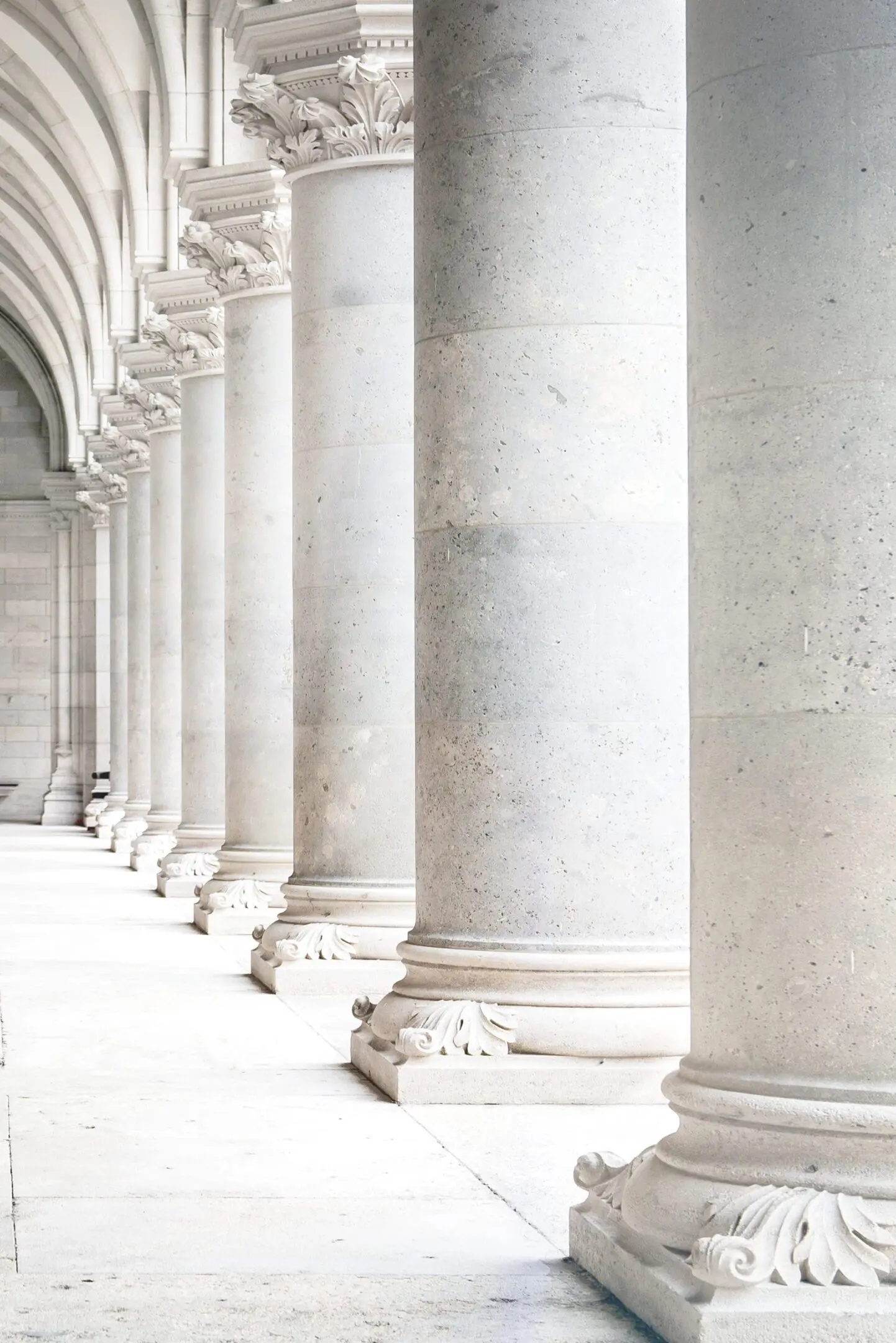 A row of large, classical stone columns in a bright setting.