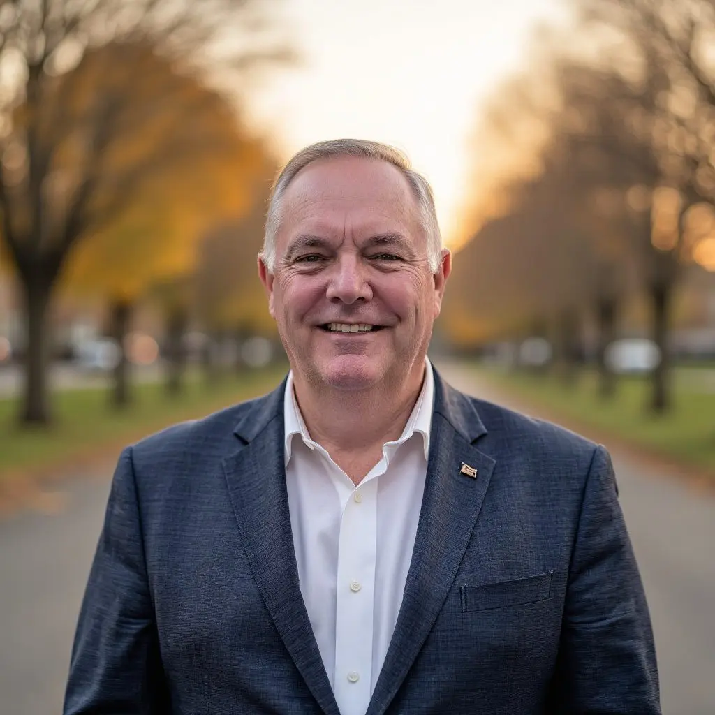 Smiling man in a suit standing outdoors during autumn.